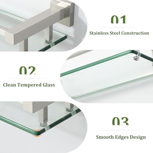 Alise Glass Shelves for Bathroom Wall, Tempered Glass Bathroom Shelf Wall Mounted, Modern Space Saving Floating Shelves 12 inch, Brushed Nickel - color: Brushed Nickel, size: 12 inch