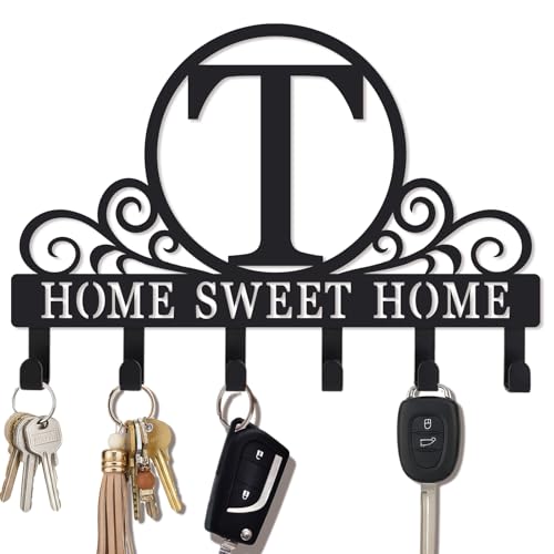 Metal Letter T Key Holder for Wall, Monogram Coat Rack Wall Mount, Key Hooks Perfect for Bathroom, Living Room, Kitchen, Office Ideal Wedding, Anniversary, Housewarming Gift (T) - style: T