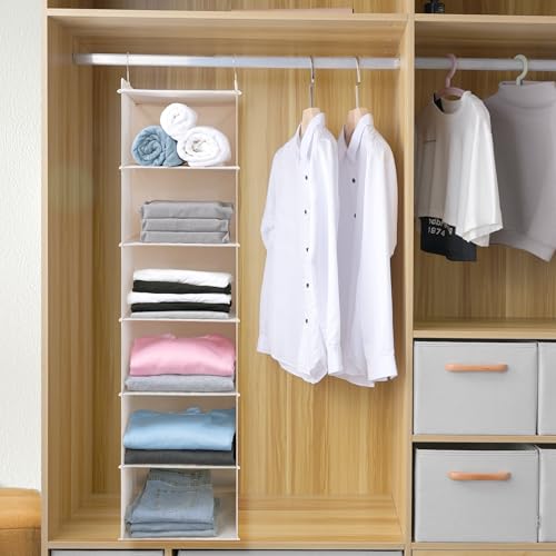 Large Hanging Sweater Organizer for Closet,Collapsible 6-Shelf Hanging Closet Shelves with Drawers, Washable (Beige -6 Shelf) - color: Beige, size: 6 Shelf