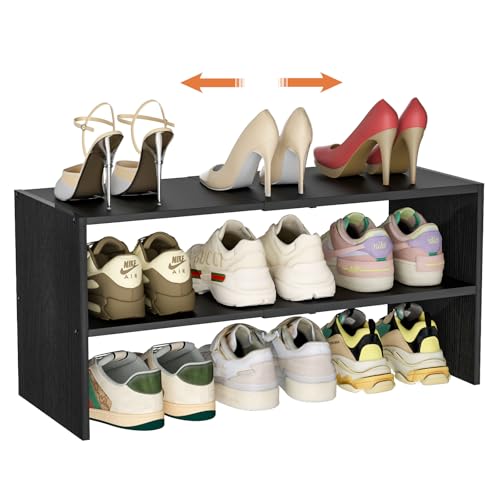 Black Shoe Rack Organizer for Closet, 2-Tier Expandable Shoe Shelf, Stackable Iron Wood Combination Small Shoe Racks Shelves for Closets, Entryway,Small Space,Hallway,Garage,6-12 Pairs - color: Black, size: 1 Pack (2 Tier)