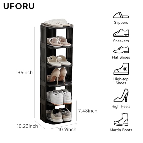 Vertical Shoe Rack, 6-Tier Plastic Stackable Storage Shelf for Small Closets and Narrow Spaces, Compact Free Standing Shoe Racks for Entryway Bedroom Dormitory - color: Black, size: 6 Tiers