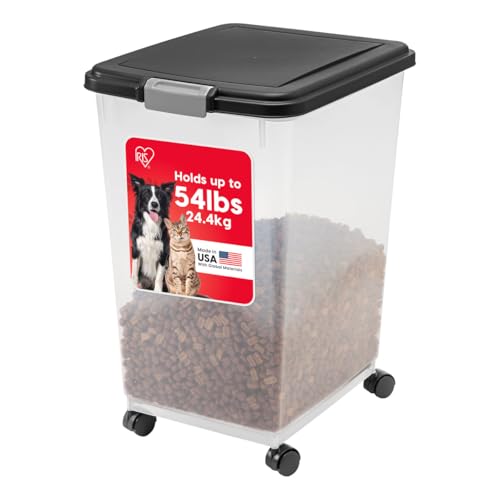 IRIS USA Airtight Dog Food Storage Container, Up to 54 lbs, Attachable Wheels, For Dog Cat Bird and Other Pet Food Storage Bin, Keep Fresh, Translucent Body, Easy Mobility, Black - color: Black, size: 54 lbs