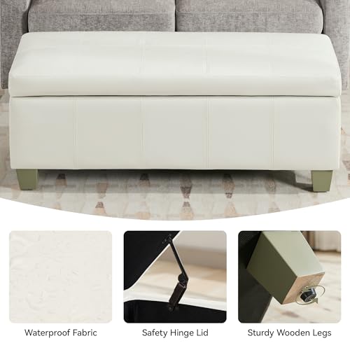 WUTUTUEE 51" Faux Leather Storage Ottoman, Stitch Tufted Rectangle Upholstered End of Bed Storage Bench, Entryway Large Couch Ottoman with Wooden Legs,White - color: White, size: 51 Inch