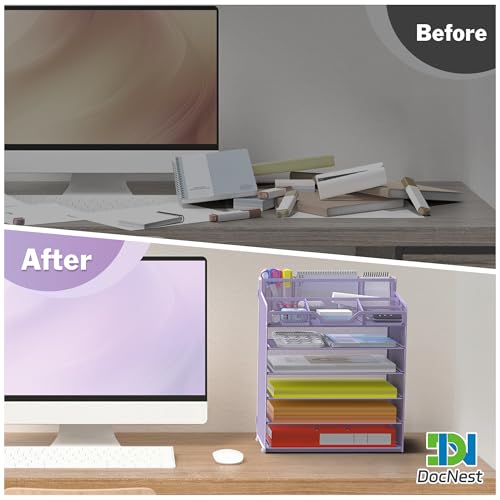 Docnest 6 Tier Mesh Desk Organizer for Paper Office Supplies – Multi-Functional Letter Tray with 5 Adjustable Compartments, 5 Pen Holders, Desktop Storage for Files, Mail, Stationery – Purple - color: Purple, size: 12.7" x 9.1" x 15.5"