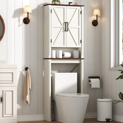 jiteentarou Farmhouse Bathroom Storage Cabinet,Over The Toilet Storage Cabinet with Roman Column Decor,Tall Over The Toilet Shelf with Barn Doors,Over Toilet Bathroom Organizer(Rustic White) - color: Rustic White, style: Toilet Storage Cabinet