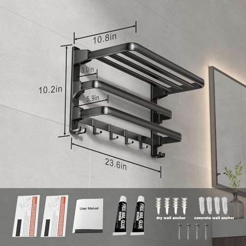 VOLDRA 24-Inch Towel Rack,Bathroom Towel Shelf with 2 Towel Bar Foldable Towel Holder with 7 Hooks Towel Storage Organizer for Bathroom & Lavatory Wall Mounted (Matte Black) - color: Matte Black, size: Extra 2 towel bar