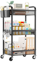 YASONIC 3 Tier Rolling Cart – Metal Utility Storage Carts with Wheels, Craft Cart Organizer with Hanging Cups, Hooks, Mesh Basket for Bedside Kitchen Office Art, Black - color: Black