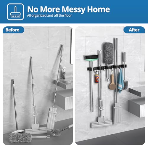 2 Pack Mop and Broom Holder Wall Mount, 5 Racks and 4 Hooks Broom Organizer Storage Garage Tool Racks Wall Mounted Mop Hanger for Home Kitchen Garden Laundry (Black) - style: 2 PACK BLACK