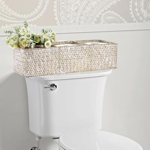 Seagrass Shelf Basket with Dividers, Rectangular Woven Storage Baskets for Organizing, Decorative Wicker Narrow Basket Tray with 3 Sections for Shelves, Toilet Tank, Bathroom Counter - color: Whitewash