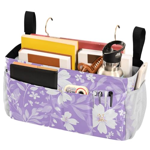 Bedside Caddy Metal Frame Hanging Organizer Bunk Bed Dorm Accessories Hook And Loop Storage Bag Large Pockets Bright Purple Flowers - color: Bright Purple Flowers