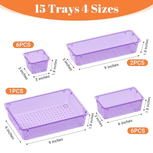 SpaceHacks 15 PCS Clear Plastic Drawer Organizer Set, 4-Size Acrylic Drawer Storage Trays, Storage Bins for Makeup, Gadgets, and Jewelry in Bathroom, Bedroom and Office, Clear Purple - color: Purple