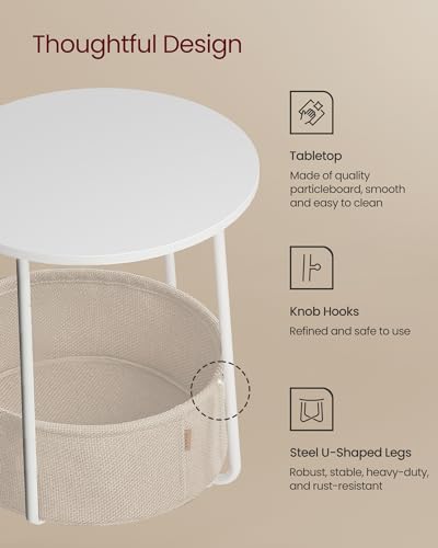 VASAGLE LILEA Collection - Small Round Side End Table, Modern Nightstand with Fabric Basket, Matte White and Camel Brown ULET223W10 - color: Matte White + Camel Brown, size: Round + 1 pack