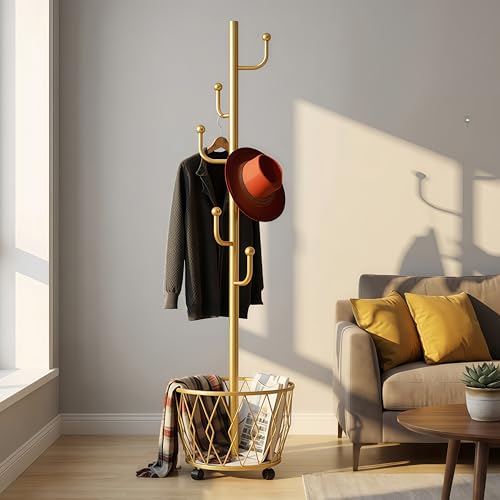 Cactus shaped Freestanding Metal Coat Rack Stand with Basket Modern Organizer for Scarf Jacket Hat Bags Ideal for Home Entryway Bedroom Corner Stable and Moveable (gold) - color: gold