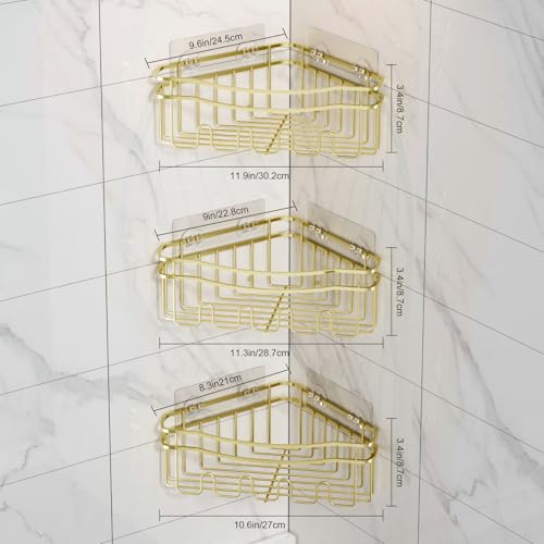 Gold corner shower caddies with depth caddy and Built in 12 hooks rustproof wall mounted No drilling No marring adhesive bathtub corner organizer for bathroom kitchen and laudry room - color: GOLD