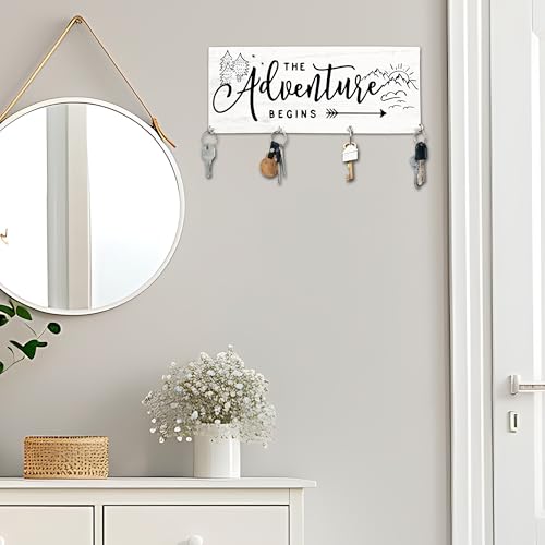 The Adventure Begins Wooden Key Holder for Wall - 5"x10" Key Organizer Hanger with 4 Hooks for Home Front Door Hallway Entryway Kitchen - Home Office Decor & Housewarming Gifts Supplies - A02 - color: The Adventure Begins