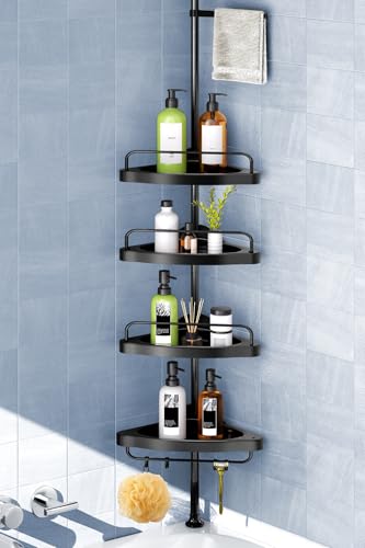 HAMITOR Corner Shower Caddy Tension Pole: Adjustable Stainless Steel Shower Organizer 4 Tier Shelf for Bathroom Bathtub Shampoo - Floor Standing Rack Bath Storage Holder with Rust Proof Rods - Black - color: Black
