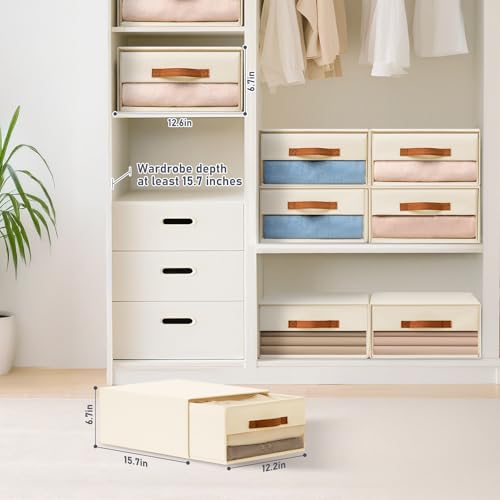 DIMJ Closet Organizers and Storage - Fabric Bins with Drawers for Closet Foldable Clothes Organizers with Clear Window, Stackable Storage Drawers for Bedroom, Living Room, 4-Pack, Beige - color: Beige, size: Large - 4 Pack
