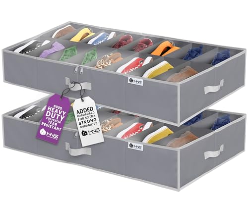 HOLDN' STORAGE Under Bed Shoe Organizer - Set of 2, Tear-Resistant 600D Material, Grey, Transparent Cover, Holds Up to 32 Pairs of Shoes - color: Grey, style: Set of 2