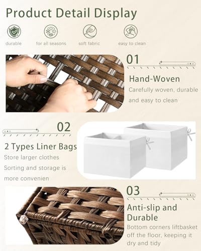 SETVSON Storage Basket with Lid Rattan Storage Basket with 2 Separate Lid, 27.8 Gallon (105 L) 25.2 * 15.4 * 16.1 Inches Woven Wicker Baskets with 2 Liners and Handles for Bedroom Laundry-Brown - color: Brown, size: 105L-25.2L*15.4W*16.1H