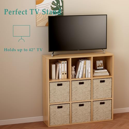 OSCHF 9-Cube Storage Shelf Bookcase - Wooden 3-Tier Floor Standing Open Bookshelf for Home and Office, Display Cabinet, Oak - color: Oak, size: 9-Cube