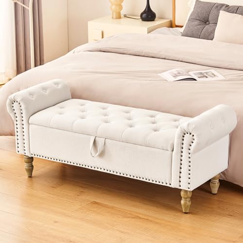 Furnimart Storage Bedroom Bench for End of Bed, Faux Linen Upholstered Storage Ottoman with Rolled Arms for Bedroom,Living Room, Entryway, 2.5Cubic Feet - color: Faux Linen/Beige