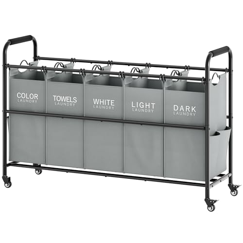 Tajsoon Laundry Sorter, Laundry Hamper 5 Section with Heavy Duty Rolling Lockable Wheels, Laundry Basket Organizer with Removable Bags for Dirty Clothes Storage, Grey - color: Grey