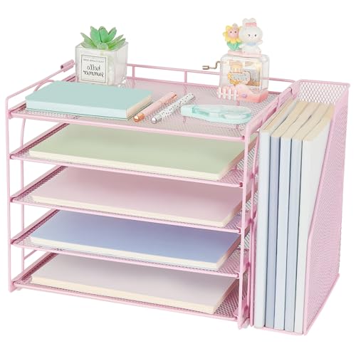 AUPSEN Pink Desk Organizers and Accessories, 5-Tier Desktop Paper File Organizer with Removable File Holder, Desk Accessories & Workspace Organization for Home Office Supplies (Pink) - color: Pink