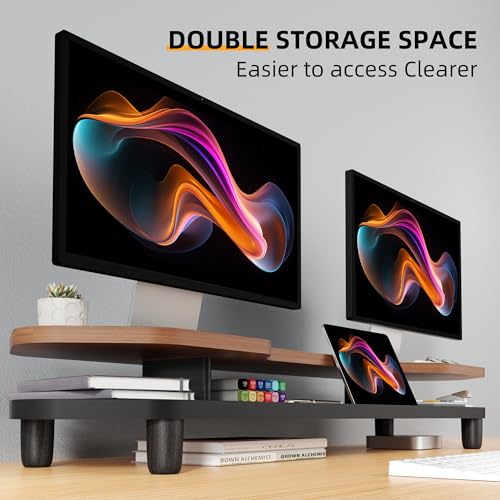 Dual Monitor Stand Riser, 39.4 Inch Large Monitor Stand with Storage Shelf, 2-Tier Desk Organizer for PC, Laptop, Printer | 2 Slots for Phone/Tablet, Computer Monitor Riser, Wood Desk Shelf for TV - color: Walnut, size: 2 Tier