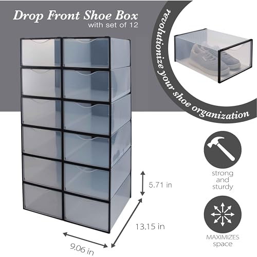 Simplify Set of 12 Stackable Shoe Boxes | Customizable | Fits Size 11 Shoes | Drop Front Design | Closet Storage | Sneakers | Heels | Clear and Black - color: Black