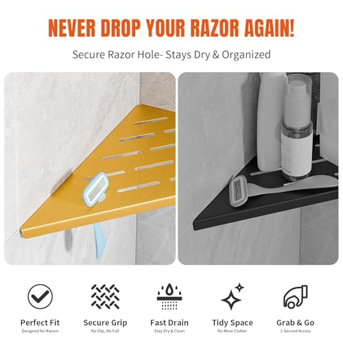 Shower Corner Shelf with Razor Hole,Modern Style Shower Caddy, Sturdy 304 Stainless Steel Shower Organizer,No Drilling Bathroom Corner Shelf for Tile Wall Gold 2 Pack-10 - color: 7-gold