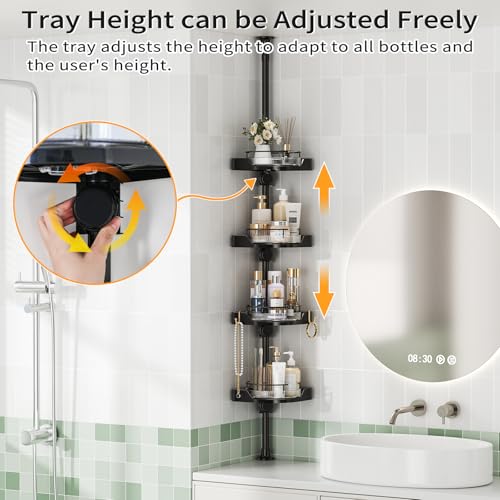 shuang qing 360° Rotating Corner Shower Caddy Tension Pole Organizer - 4-Tier Adjustable Rustproof Metal Pole, Plastic Shelves with Safety Guardrail, Bathroom Storage for Shower & Bathtub(Black) - color: Black, size: Rotation