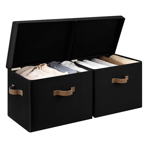 StorageWorks Fabric Storage Bins with Lid, Decorative Storage Boxes for Shelves, Stackable Closet Organizer Basket with Handles, Jumbo, Black, 2-Pack - color: Black, size: Jumbo