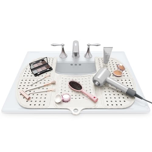 Sink Topper Bathroom Counter Cover & Storage Saver, Foldable Silicone Mat for Hot Tools, Hair Styling & Makeup, Beauty Brush Cleaning Mat, RV Camper Sink Cover & for Small Spaces (Large Pearl) - color: White, size: Large