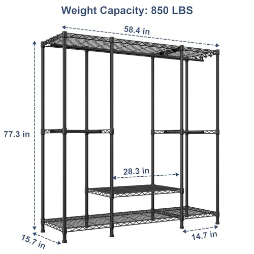 Ulif E3 Heavy Duty Garment Rack, 4 Tiers Freestanding Closet Organizer System with 5 Shelves, Metal Closet Organizer and Storage System for Clothes, Max Load 850lbs, 58.4"W x 15.7"D x 77.3"H, Black - color: Black