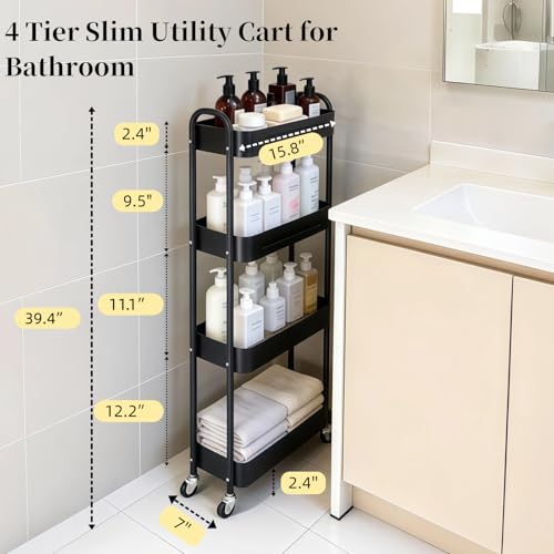 4 Tier Slim Storage Cart with Wheels for Laundry Room Between Washer and Dryer, 7.1'' Narrow Rolling Cart with Wheels and Lockable Casters, Metal Thin Standing Shelf for Small Space, Black - color: Black, size: 4 tier