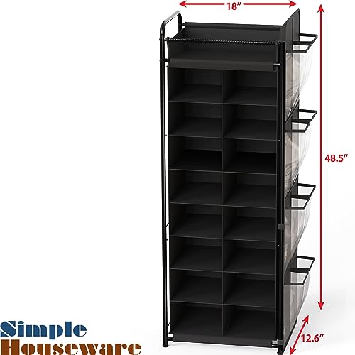 Simple Houseware 16 Cube Shoe Stand Tower Rack 8 Tier with Top Shelf and Side Hanging Pockets, Black - color: Black