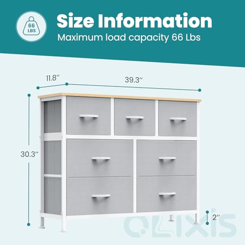 OLIXIS 7 Drawers Dresser for Bedroom, Fabric Storage Tower for Living Room, Entryway - Sturdy Steel Frame, Wooden Top and Easy Pull Fabric Bins, Closet Chests Organizer for Clothes,Light Gray - color: Light Gray, size: 11.8"D x 39.4"W x 30"H (7 Drawers)