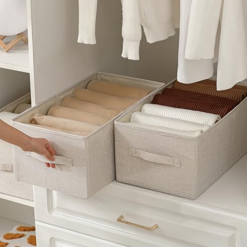 Linen Folding Storage Bins, 3 Pack Large Storage Baskets, Washable, Clothing Storage Bins with Handle, Closet Organizer for Storage Sweater,Sheets(Beige, 18½"x11 x8½) - color: Beige, size: 18½"x11"x8½"