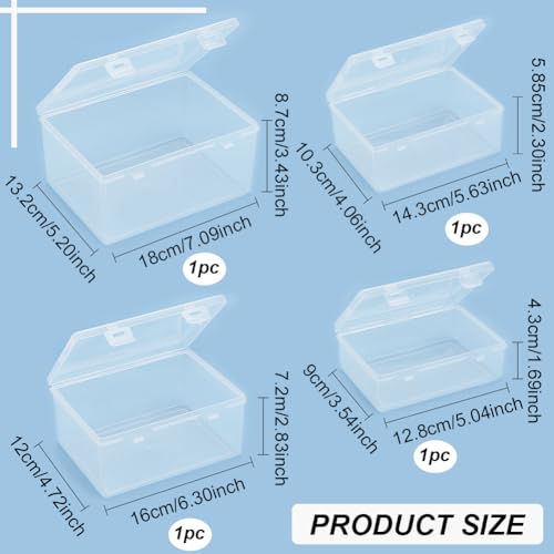BENECREAT 4 Sizes Bead Storage Organizer Box, Rectangle Clear PP Plastic Box Containers, Dustproof Case with Hinged Lid for Cards, Beads and Craft Supplies - size: 4 Sizes