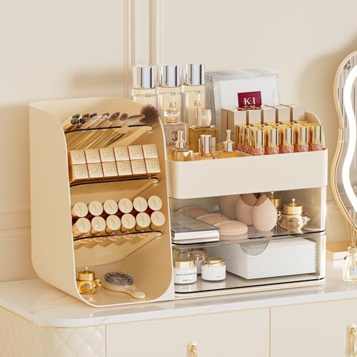 Makeup Organizer with Drawers, Large Capacity Countertop Organizer for Vanity, Bathroom and Bedroom Desk Cosmetics Organizer, Easy To Storage Skincare,Brushes, Eyeshadow,Lipstick (All Cream) - color: All Cream, size: Medium