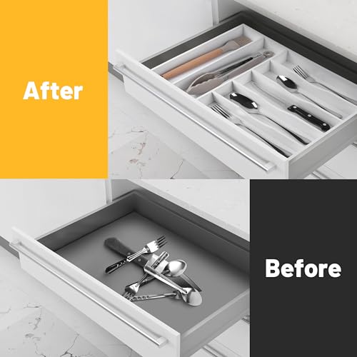 Kitchen Bamboo Silverware Organizer, Kitchen Drawer Organizer - Utensil Holder and Cutlery Tray with Grooved Drawer Dividers for Flatware 7 Slot, White - color: White, size: 7 Slots