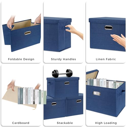 SNWDN 4 Pack Collapsible Fabric Storage Bins with Lids Fabric storage box with lids for closet organizers and storage (Dark Blue 14.6x10.6x10.2 inches) - color: Dark Blue, size: Medium（4-Pack 14.6*10.6*10.2 Inches）