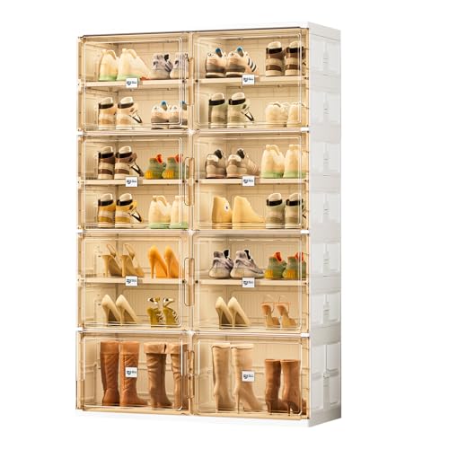 28 Pairs Shoes and Boots Storage Cabinet of 3-Step Fast Installation,Plastic Shoe Box with Clear Magnetic Door for Display, Shoe Organizer for Sneaker, Sandals, Heels (2 Row, 7 Tier) - size: 7Tier
