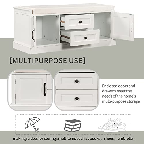 P PURLOVE Rustic Wood Entryway Bench with 2 Cabinets and 2 Drawers, Wood Shoe Bench with Removable Cushion for Hallway, Entryway - color: White, size: with 2 Drawers and 2 Cabinets