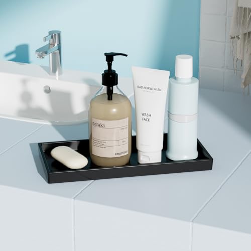 Vanity and Bathroom Tray, 9.8" ABS Countertop Organizer,Waterproof Vanity Tray for Toilet Tank,Perfume,Soap,Keys,Bathroom Accessories,Kitchen and Bath Trays,Non Slip Small Trays,Black - color: Black, size: 9.8" x 4.7" x 0.7"