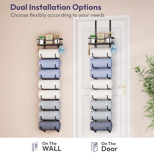 SWTYMIKI Over the Door Towel Rack - 9 Tier Towel Racks for Bathroom Wall Mounted, Towel Holder with Shelf, Hanging Rolled Towel Storage Organizer for Small Bathroom, Camper, RV, Black - color: Black, size: 9 Tier