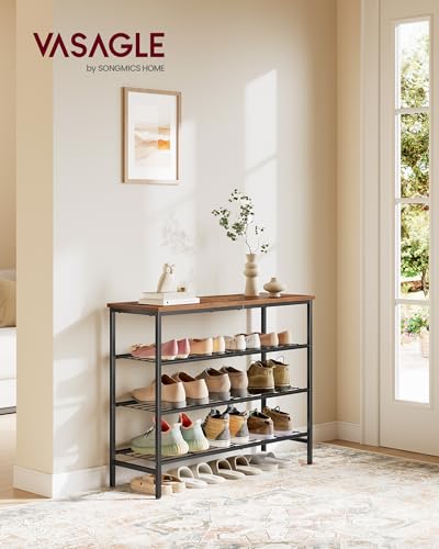 VASAGLE Shoe Rack, Shoe Storage Rack for Closet, Entryway, Living Room, Free Standing Metal Organizer Shelf, 4 Tiers, 11.8 x 29.5 x 27.2 Inches, for 12–16 Pairs, Rustic Brown and Ink Black ULBS049KD01 - size: 4 Tiers (29.5"W)