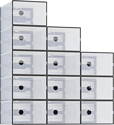 12 Pack Large Shoe Storage Boxes Organizers, Shoe Boxes Clear Plastic Stackable Shoe Containers with Lids, Foldable Space-Saving Storage Bins Shoe Cabinet, Fit up to Men's US 9/Women's US 10, Black - color: Black, size: 12 Pack-L