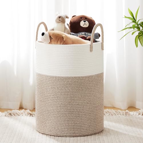 YOUDENOVA Woven Rope Laundry Hamper Basket, 72L Tall Luandry Basket, Baby Nursery Hamper for Blanket Storage in Bedroom-Large-Brown - color: White&Brown, size: Large(72L )
