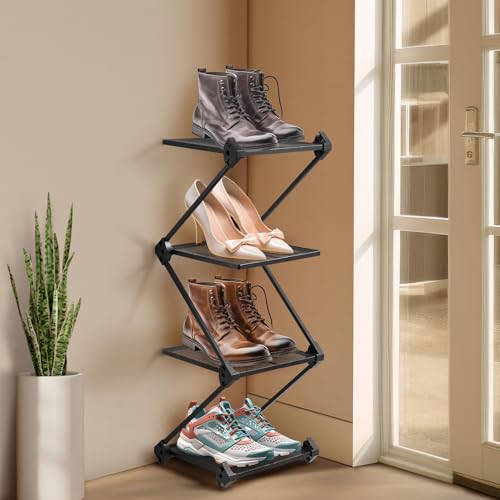 Vertical Shoe Rack 4 Tier Small Shoe Rack Shelf for Entryway Tall Narrow Shoe Organizer Metal Shoe Storage for Closet,Front Door Entrance, Living Room, Black - color: Z Shape(black), size: 4 Tier